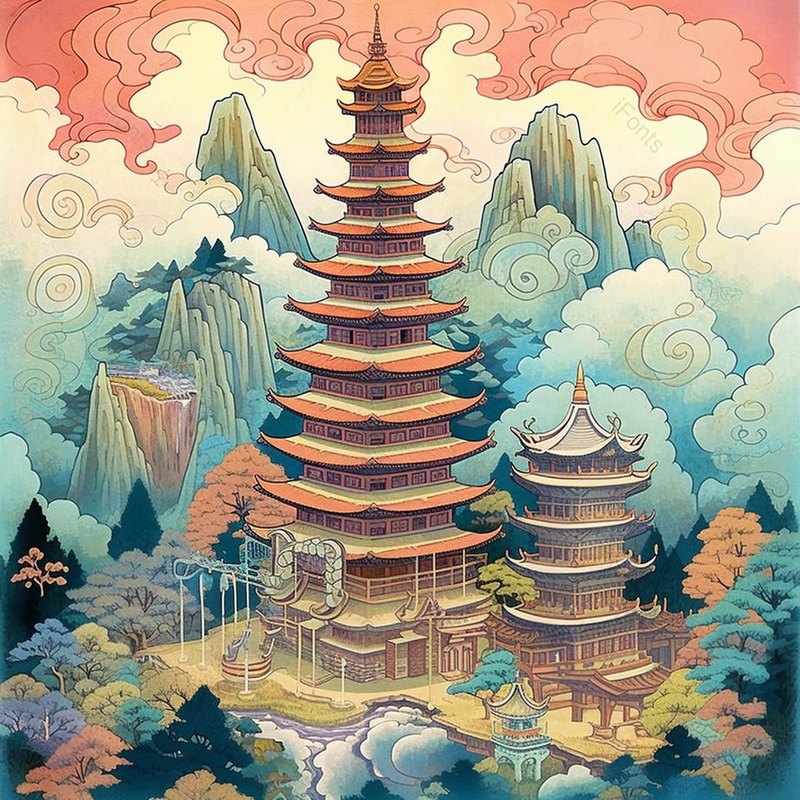 国潮风黄鹤楼手绘祥云插画,插画/手绘图,插画/手绘图库,插画/手绘图下载,插画/手绘